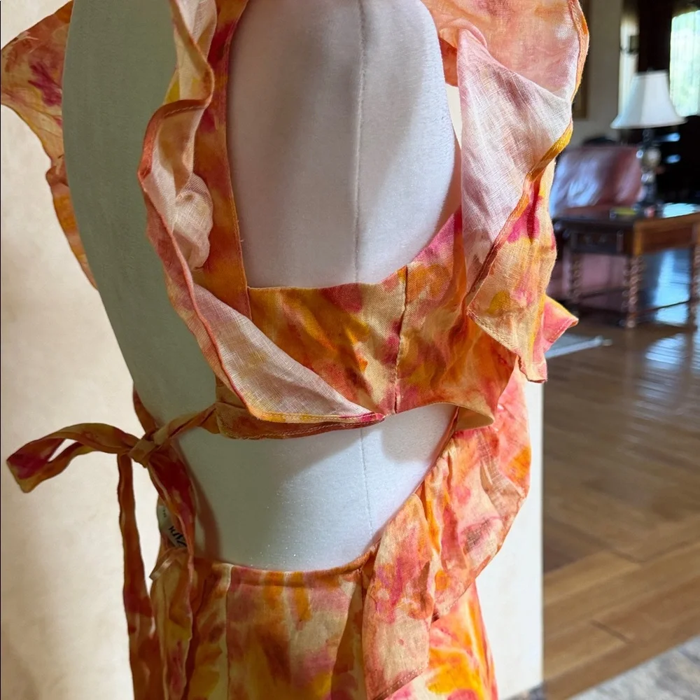 Zara Flutter-Sleeve linen Open-Back Maxi Dress in Orange Floral - Picture 9 of 15
